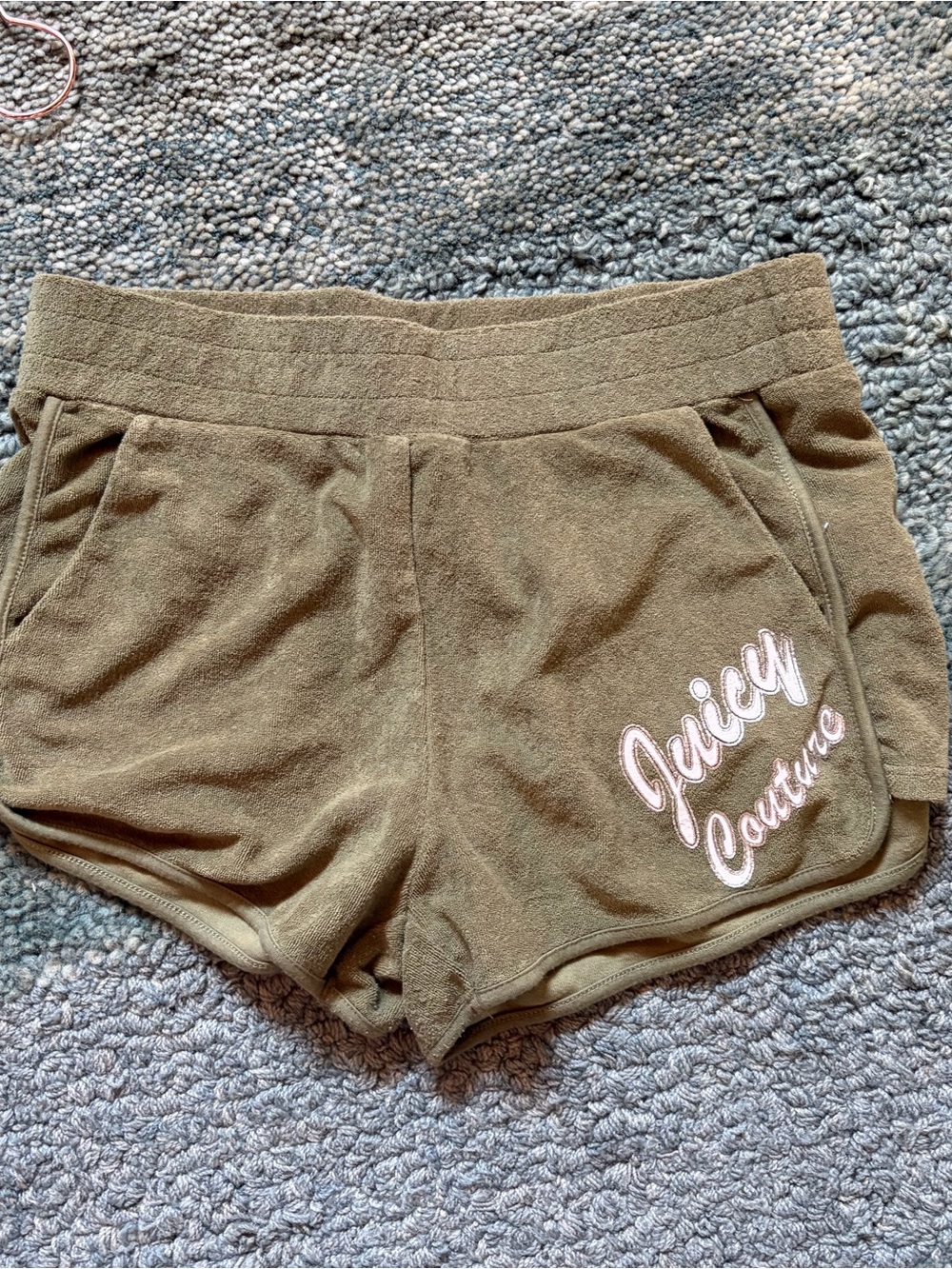 Juicy Couture Olive Terry Cloth Logo Shorts with Pink Embroidery